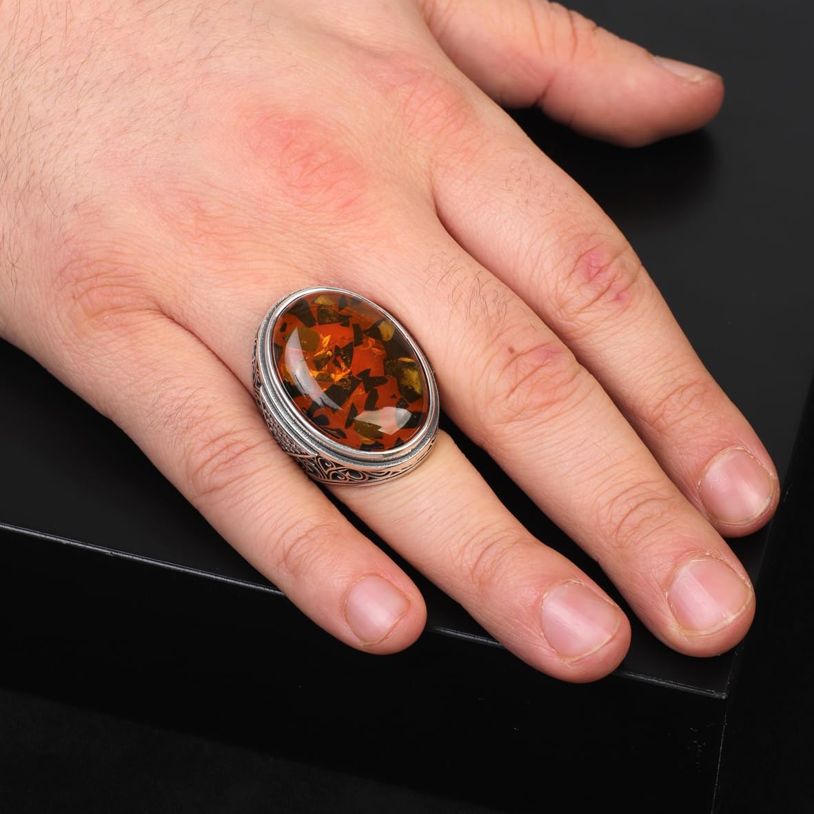 Squeeze Amber Ring – Large Chunky Sterling Silver Ring with Micro Sapphire Stone