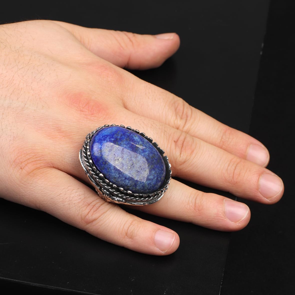 Vintage Lapis Lazuli Eagle Ring for Men - Large Oval Stone 925 Sterling Silver Turkish Handmade Polished Engagement Ring with Silver Polishing Cloth Gift