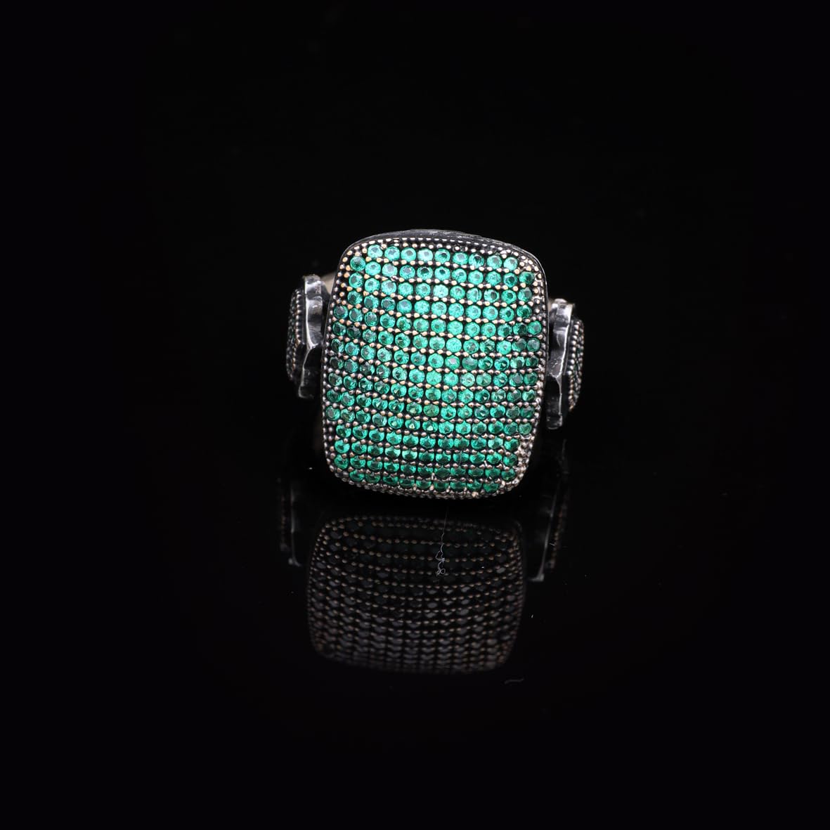 Handmade Vintage Jade Ring with Micro Stones – 925 Sterling Silver Statement Ring for Men