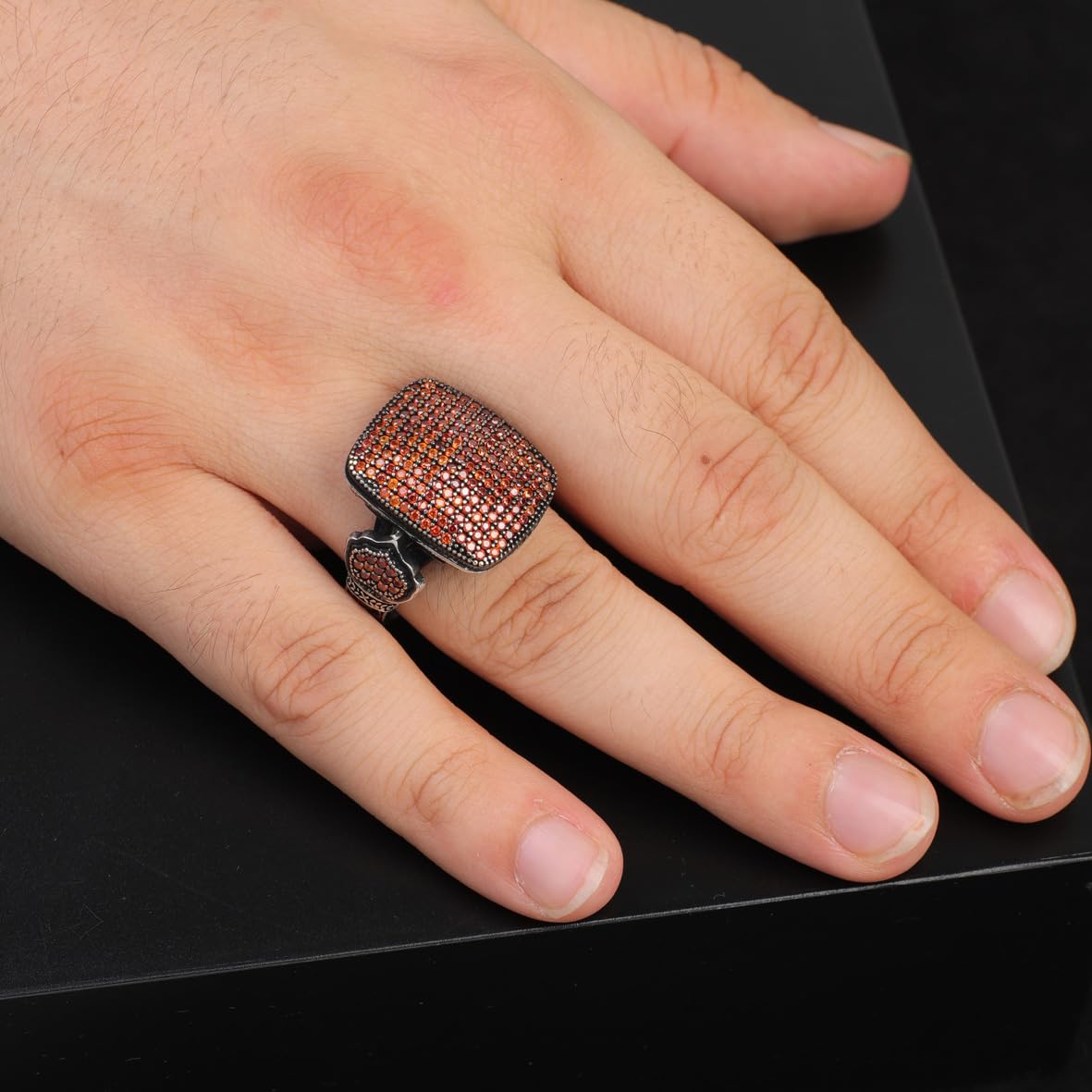 925 Sterling Silver Garnet Ring – Vintage Handmade Micro Stone Statement Ring for Men – Polished Engagement Ring with Custom Engraving & Silver Polishing Cloth Gift