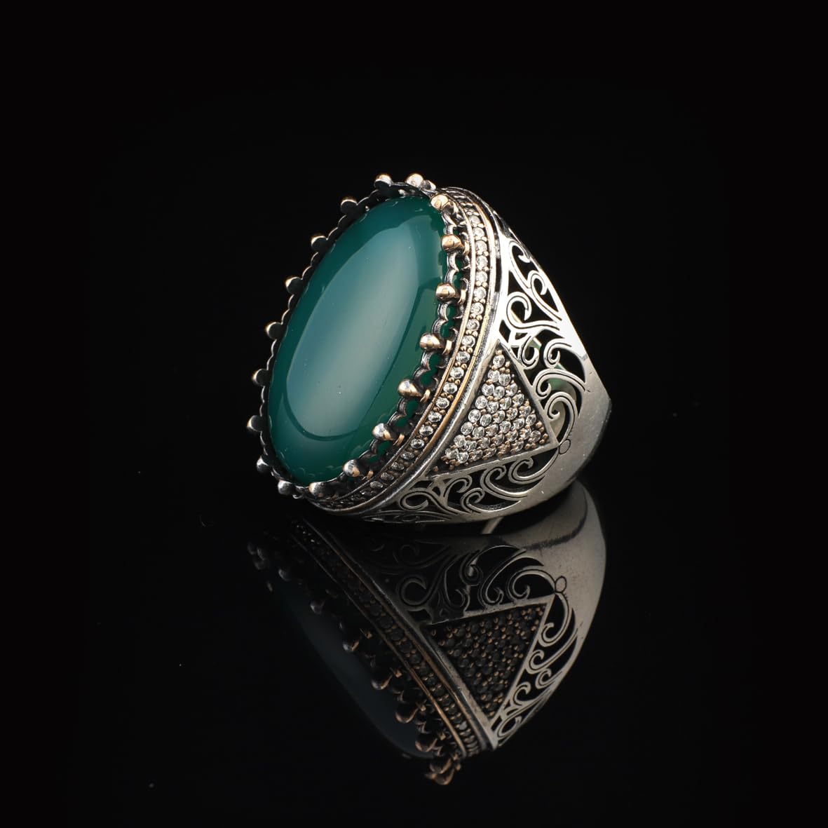 Handmade Vintage Jade Ring with Micro Onyx Stone - Chunky Sterling Silver Engagement Ring for Men - Custom Engraving Available - Ottoman Style with Gift Silver Polishing Cloth