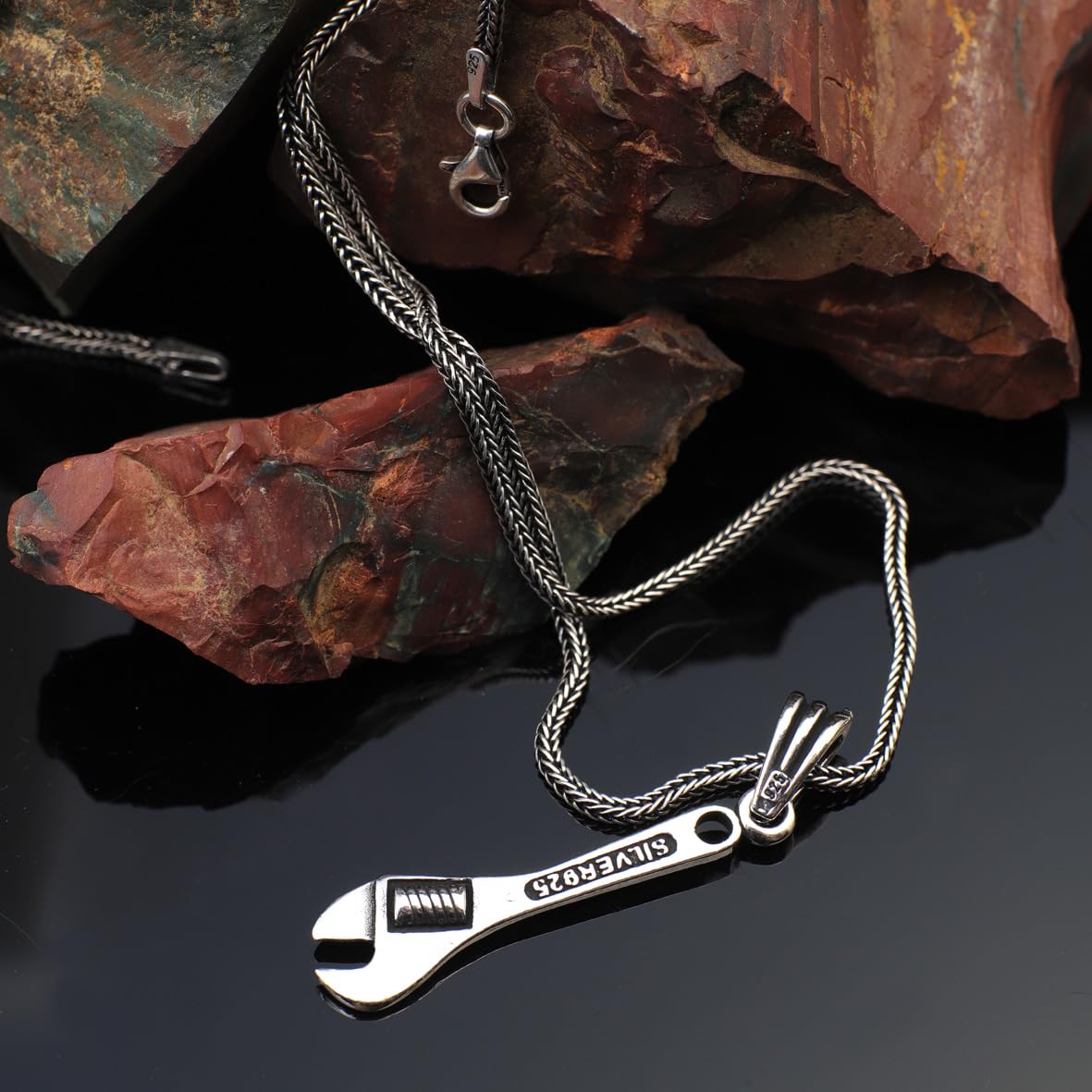 Men's Silver Men’s Wrench Pendant Necklace - Sterling Silver Gothic Biker Necklace with Silver Chain & Free Polishing Cloth