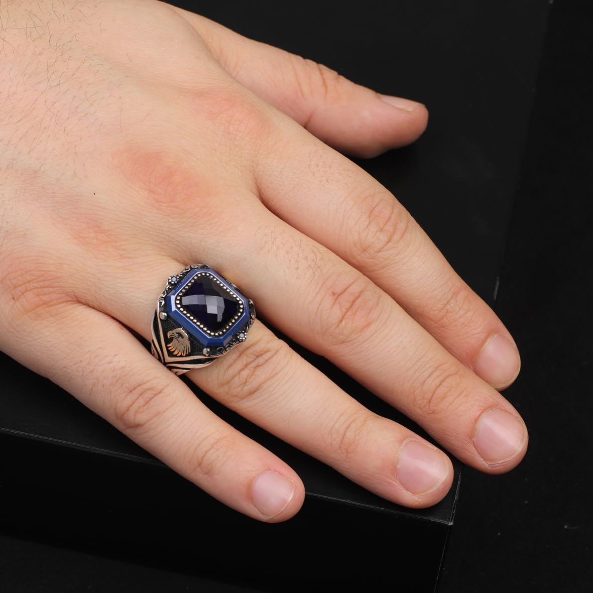 Vintage Blue Tiger Eye Ring with Eagle Design - Handmade 925 Sterling Silver Men's Gemstone Engagement Ring