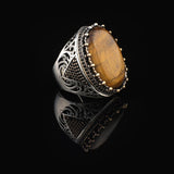 Men's Tiger Eye Engagement Ring with Micro Sapphire - Chunky Sterling Silver Handmade Ring in Vintage Ottoman Style with Custom Engraving & Gift Silver Polishing Cloth — image 4