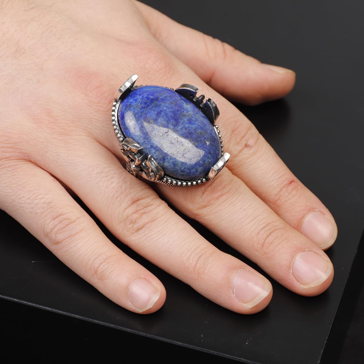 Handmade Large Lapis Lazuli Ax Ring - 925 Sterling Silver Men's Gemstone Jewelry with Silver Polishing Cloth Gift