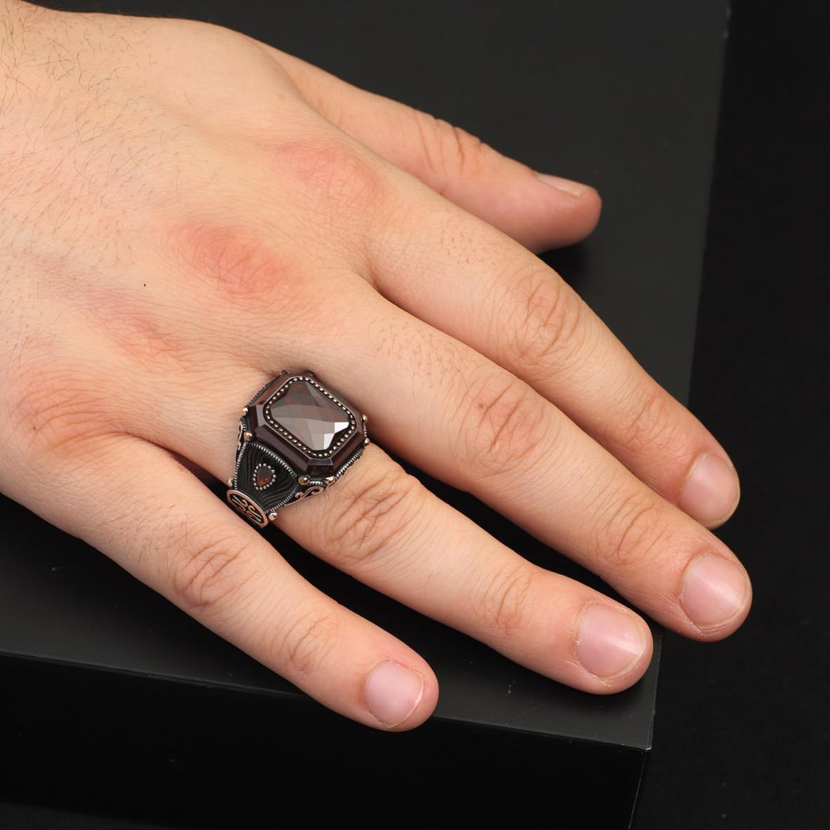 Vintage Garnet Ring for Men – Handmade 925 Sterling Silver Turkish Engagement Ring with Polished Finish – Men's Gemstone Ring with Silver Polishing Cloth Gift