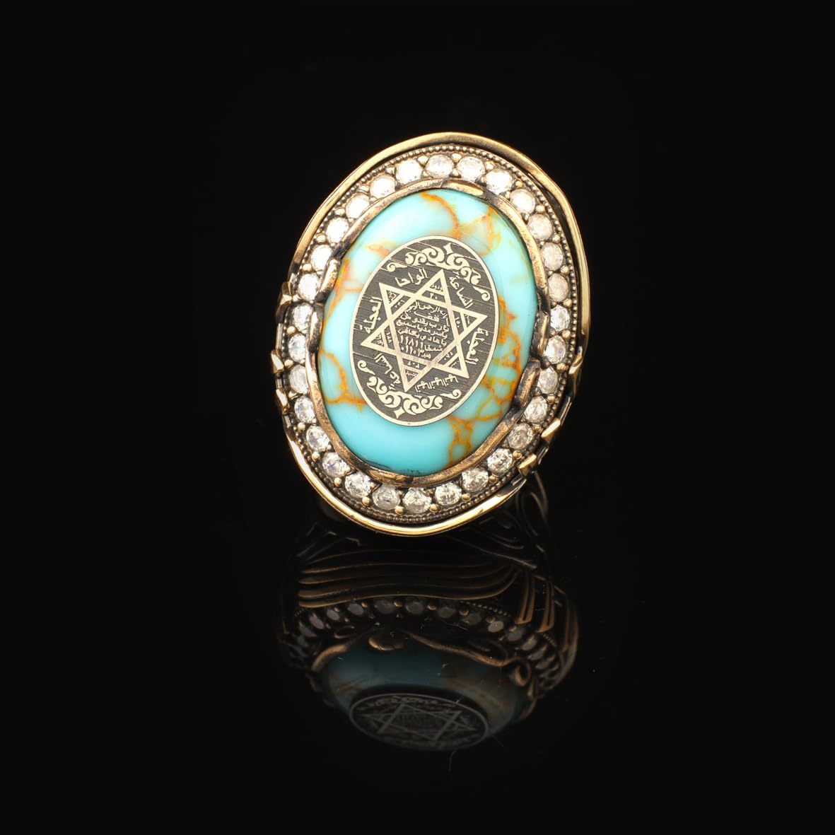 Solomon's Seal Signet Ring Mens Turquoise Large Statement Whiskey Barrel Chunky Silver Ottoman Vintage 925 Sterling Promise Engagement Gemstone Gift