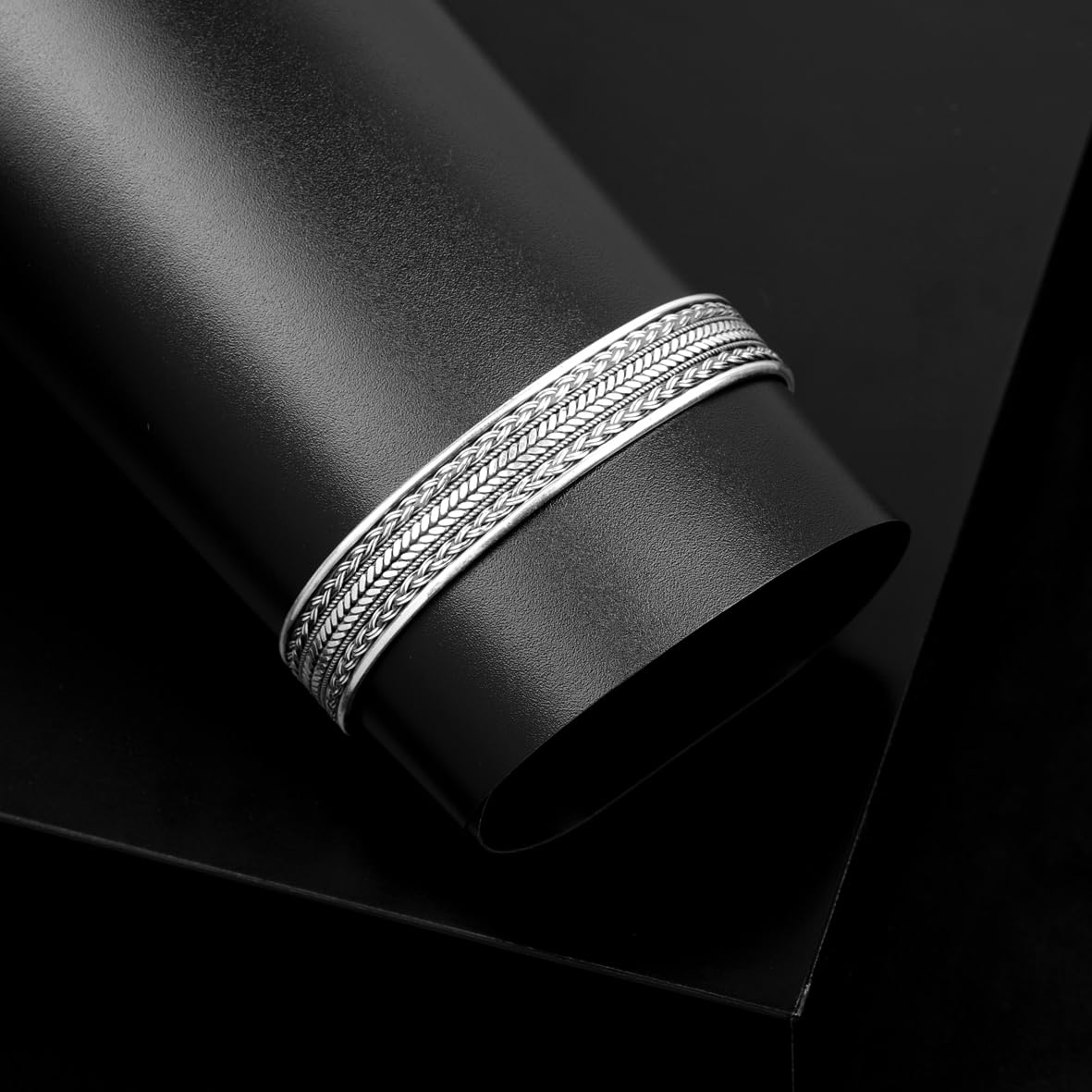 Handmade Silver Cuff Bracelet for Men – Thick Sterling Silver Band with Embroidered Vintage Design