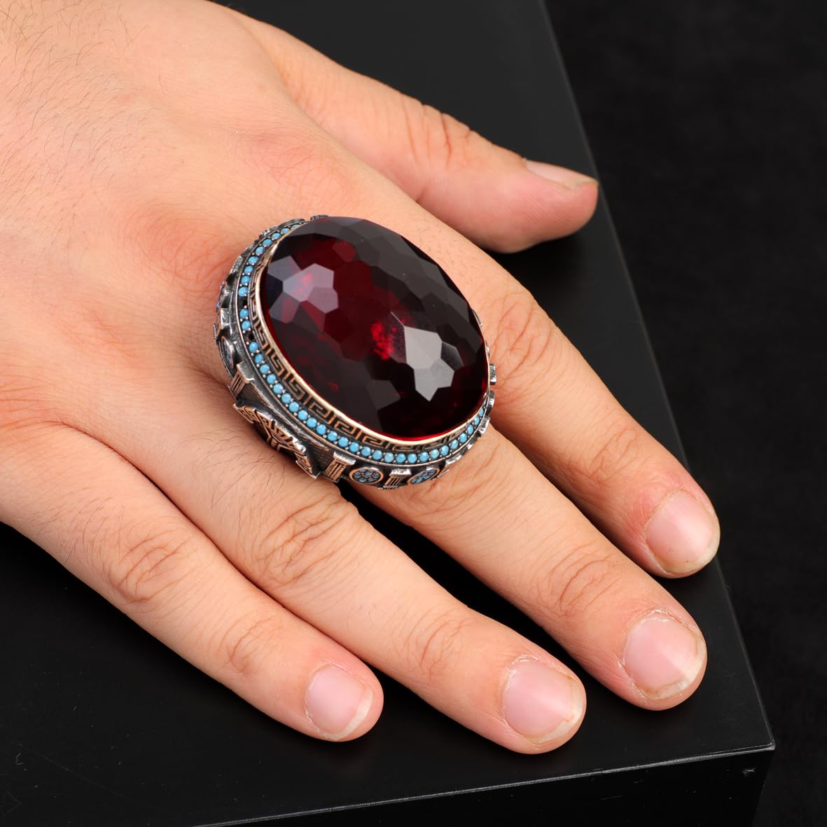 Garnet and Micro Turquoise Ring – Large Oval Vintage Men’s Ring in Polished 925 Sterling Silver