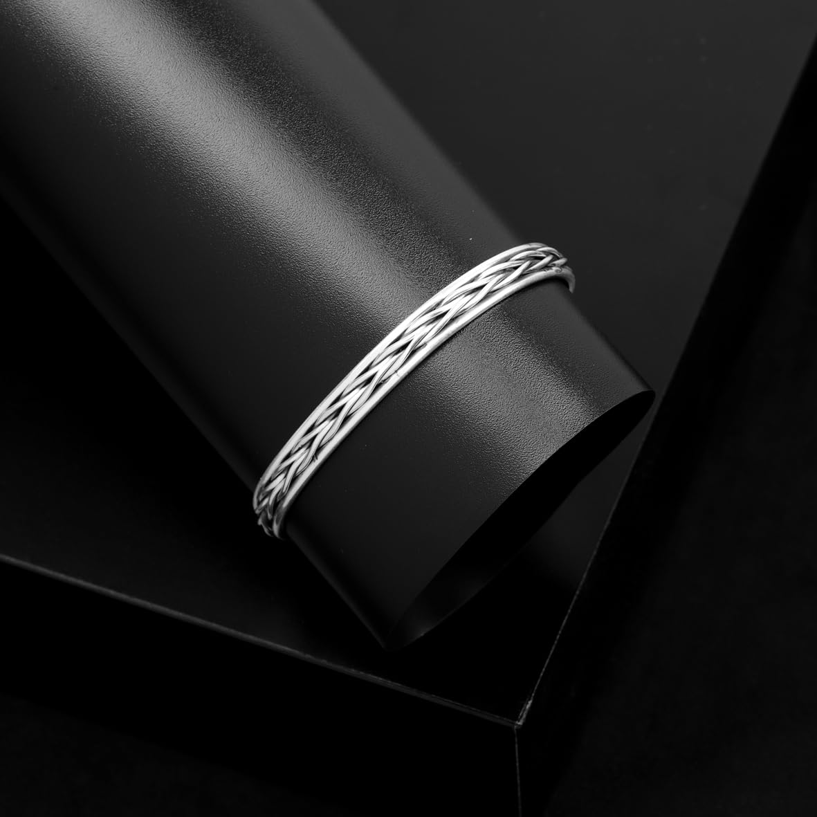 Men Thick Silver Band Bracelet – Handmade Sterling Silver Cuff Bracelet with Embroidered Design