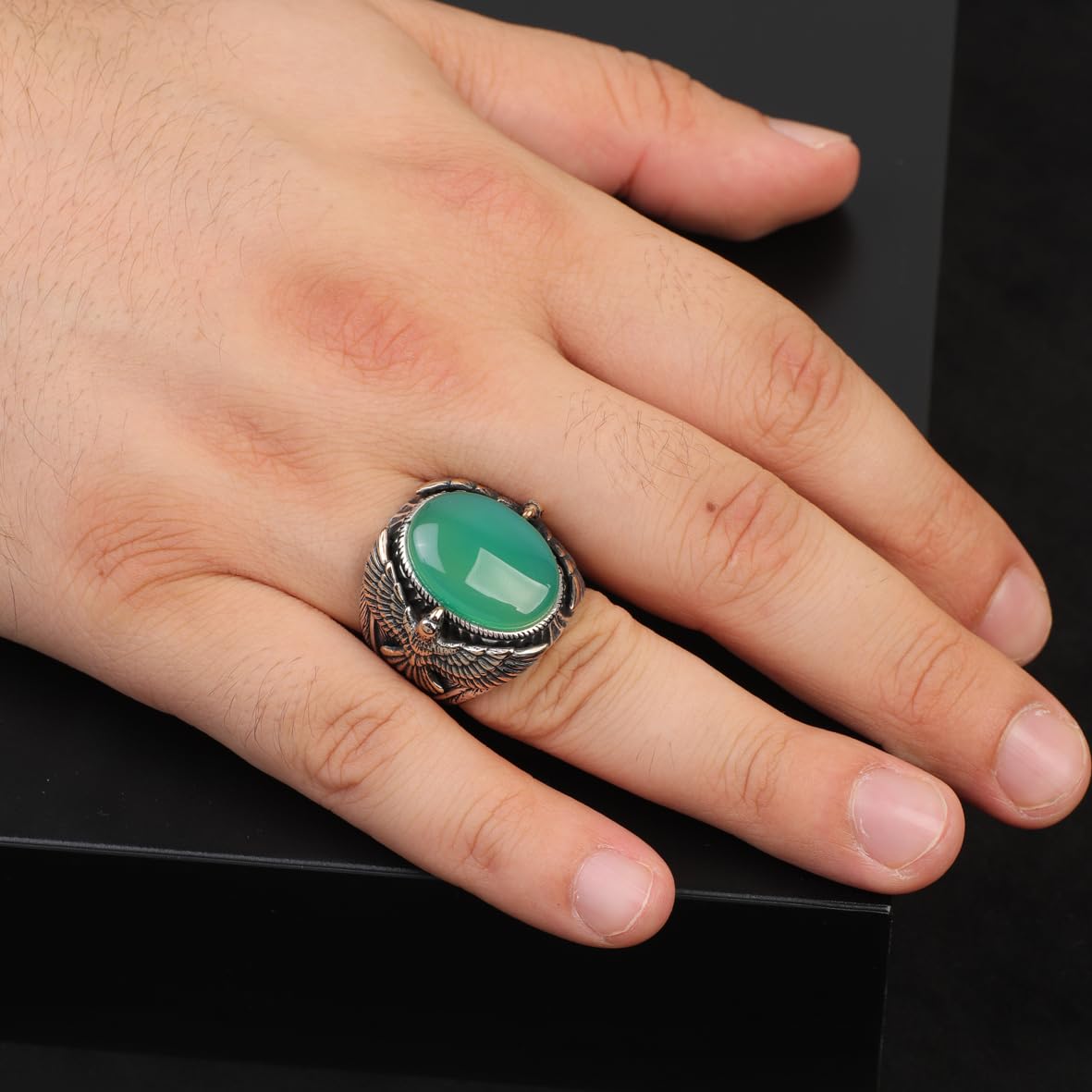 Jade Eagle Ring for Men – Vintage Animal Signet Ring with Gemstone in Sterling Silver