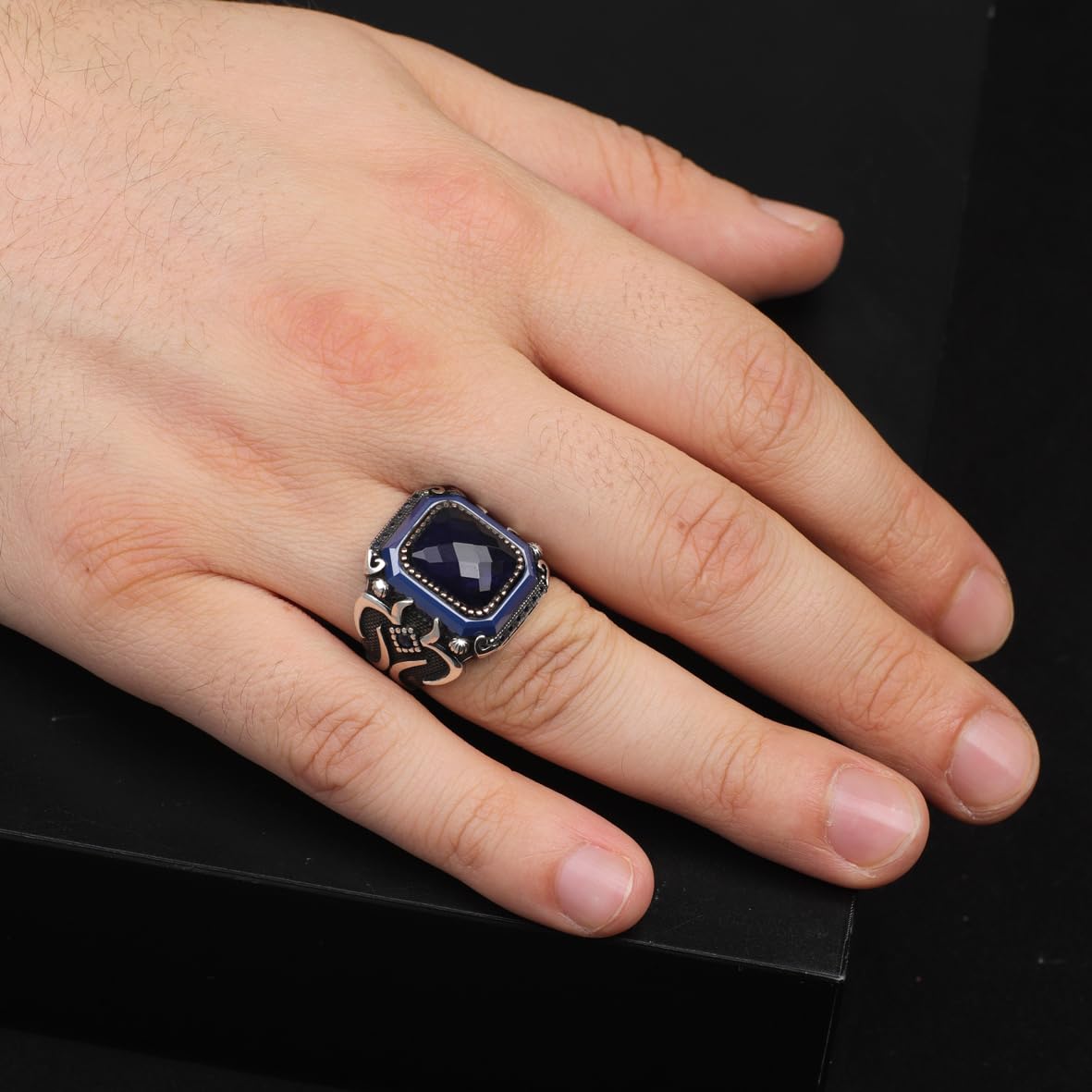 Vintage Blue Sapphire Ring - Handmade Men's Gemstone Ring in 925 Sterling Silver - Polished Turkish Engagement Ring with Silver Polishing Cloth Gift