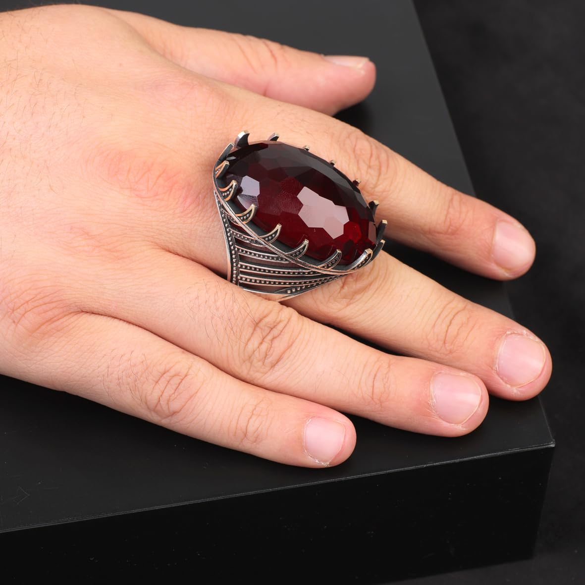 Vintage Garnet Ring for Men - Chunky Sterling Silver Ring with Gemstone