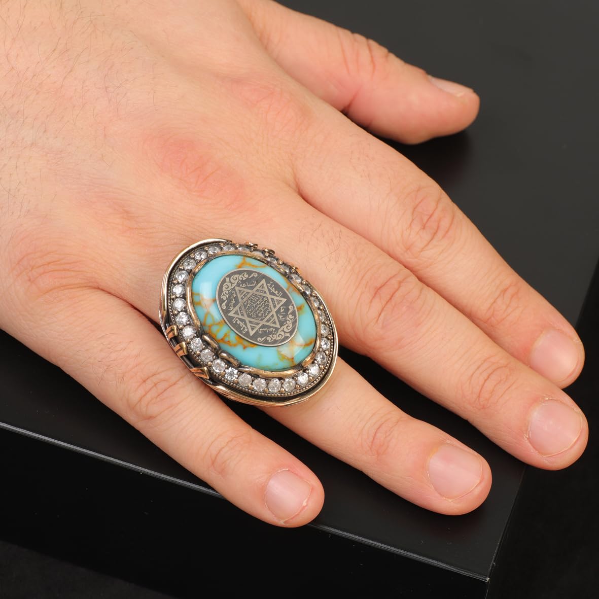 Solomon's Seal Signet Ring Mens Turquoise Large Statement Whiskey Barrel Chunky Silver Ottoman Vintage 925 Sterling Promise Engagement Gemstone Gift