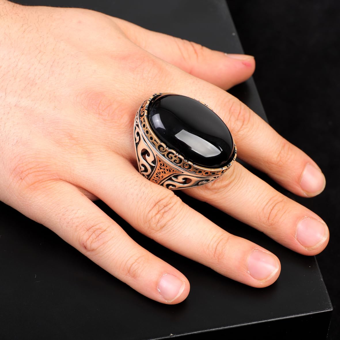 Onyx Ring, Oval Stone, Large Ring, Gemstone Ring, Ottoman, Men Vintage, Handmade, 925 Sterling Silver Rings for Men, Silver Polishing Cloth