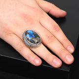 Handmade Special Turquoise Gemstone Ring – Large Chunky Ottoman Sterling Silver Ring for Men – Micro Sapphire Accent – Vintage Style Engagement Ring with Custom Engraving — image 6