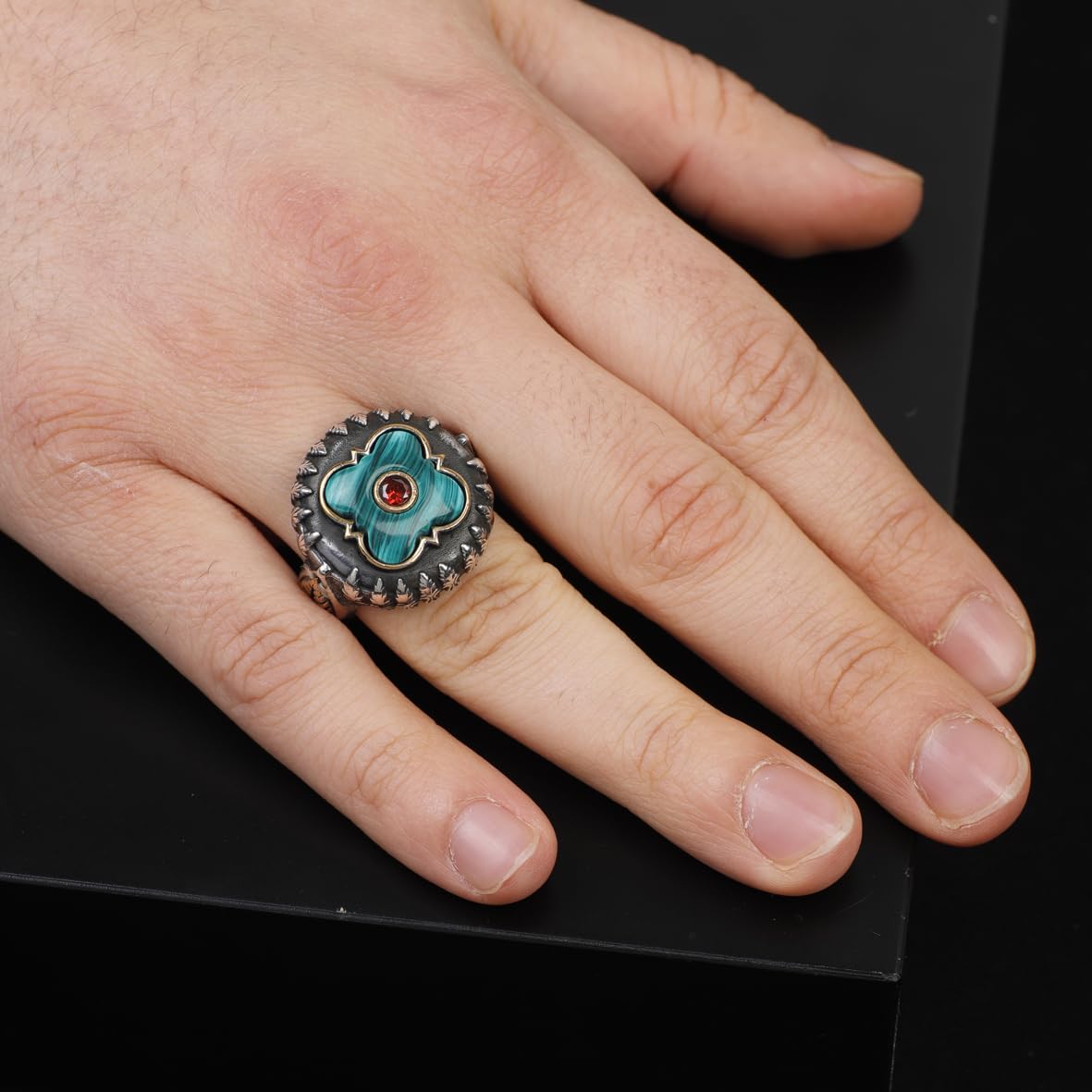 Handmade Malachite and Ruby Knife Ring with Micro Stone Jewelery- Vintage 925 Sterling Silver Rings for Men - Includes Silver Polishing Cloth Gift