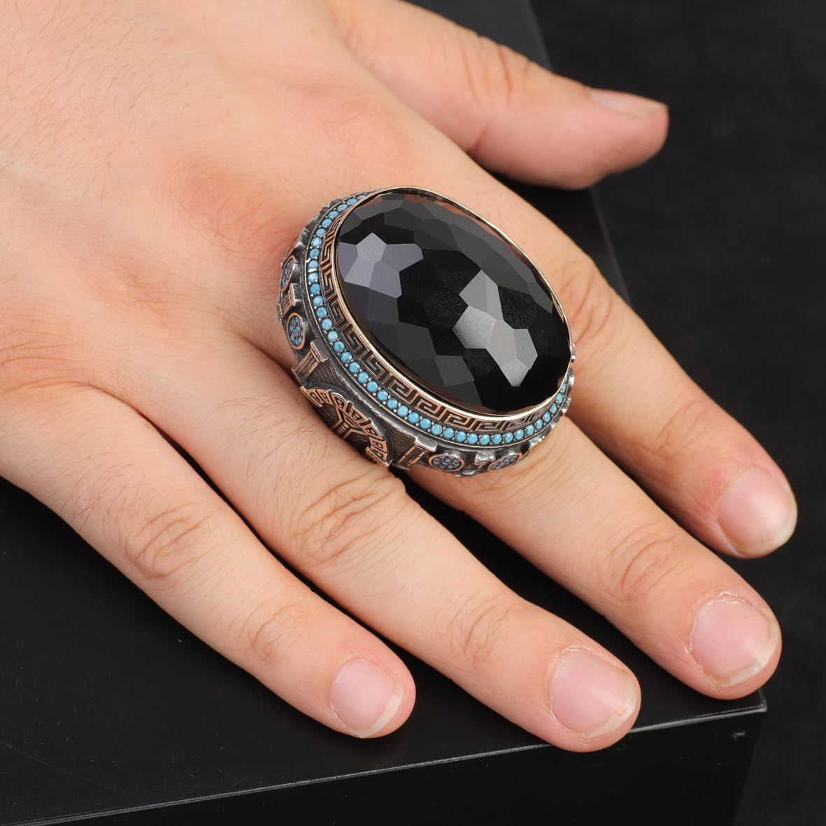 Black Onyx Ring with Micro Turquoise Stone – Large Oval Vintage Men’s Ring in Polished 925 Sterling Silver