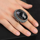 Black Onyx Ring with Micro Turquoise Stone – Large Oval Vintage Men’s Ring in Polished 925 Sterling Silver — image 2