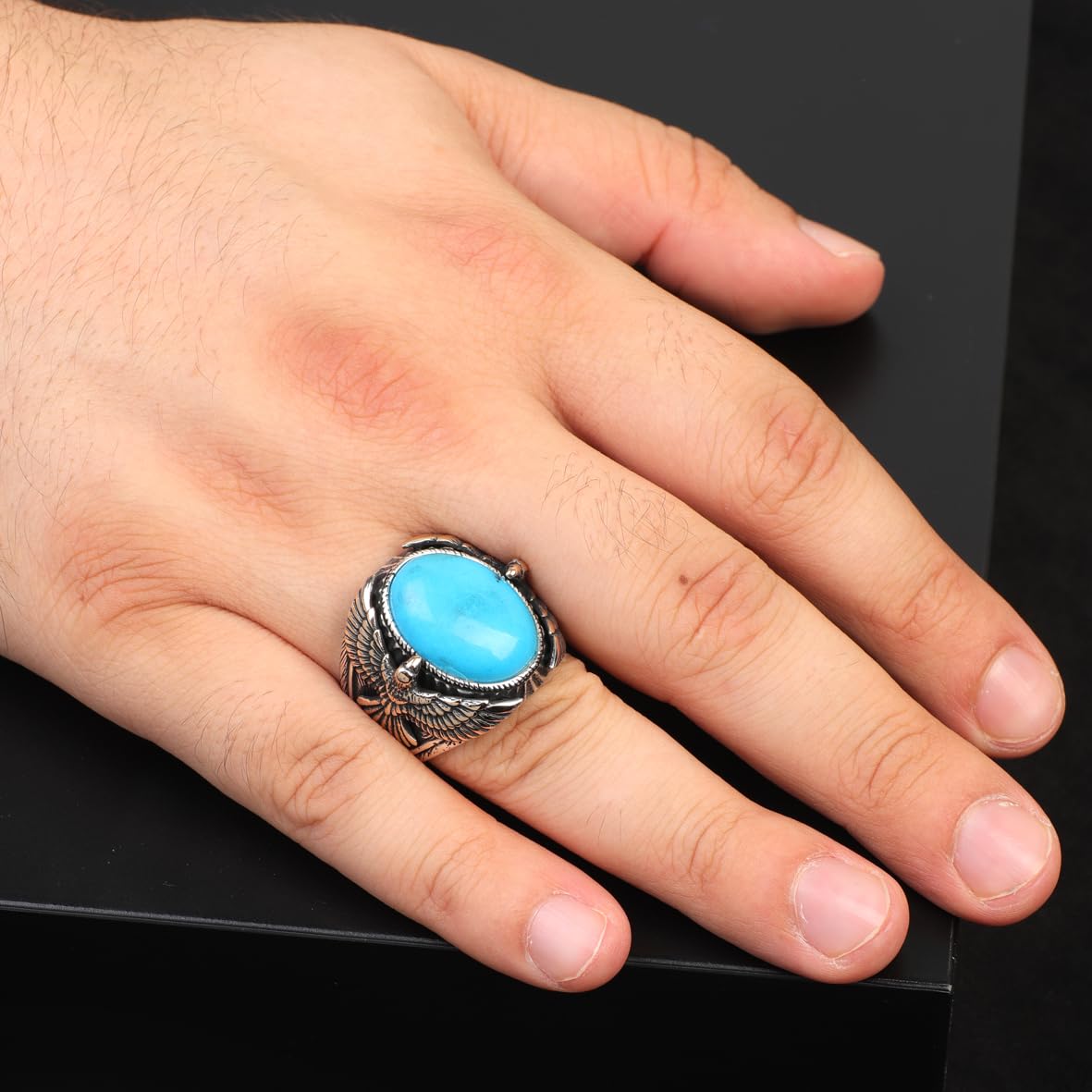 Mens Turquoise Eagle Ring – Vintage Animal Signet Ring with Gemstone in Sterling Silver