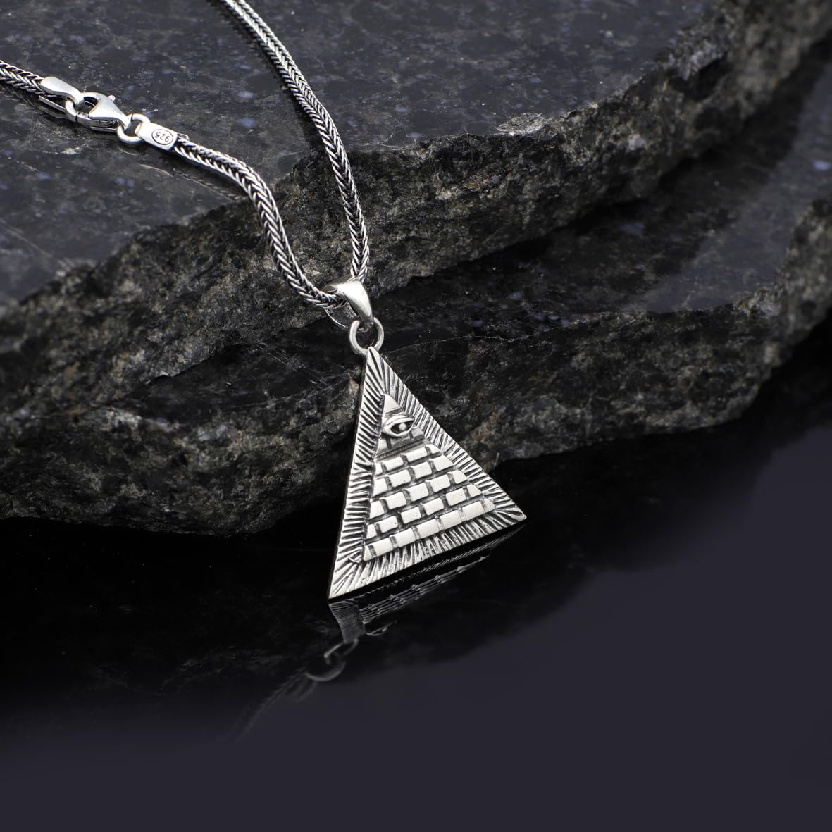 Men's Sterling Silver Eye of Horus Necklace with Pyramid Pendant and Silver Chain - Ancient Egyptian Symbol - Birthday Gifts