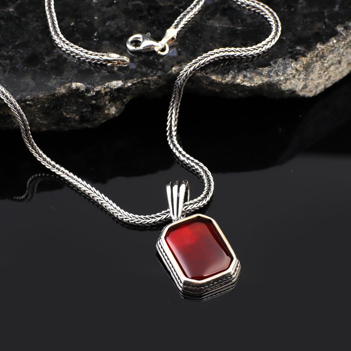 Sterling Silver Garnet Gemstone Necklace for Men - Gothic Pendant Chain with Biker Style & Silver Polishing Cloth Gift