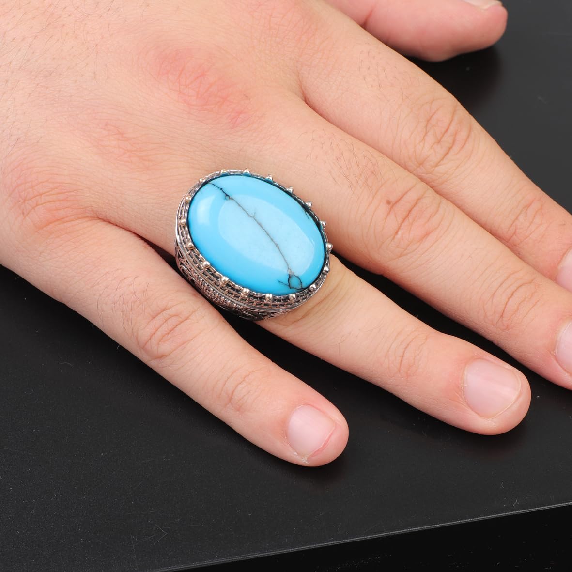Men's Turquoise Ring with Micro Onyx Stone - Chunky Sterling Silver Gemstone Engagement Ring - Handmade Ottoman Style - Custom Engraving - Vintage Ring