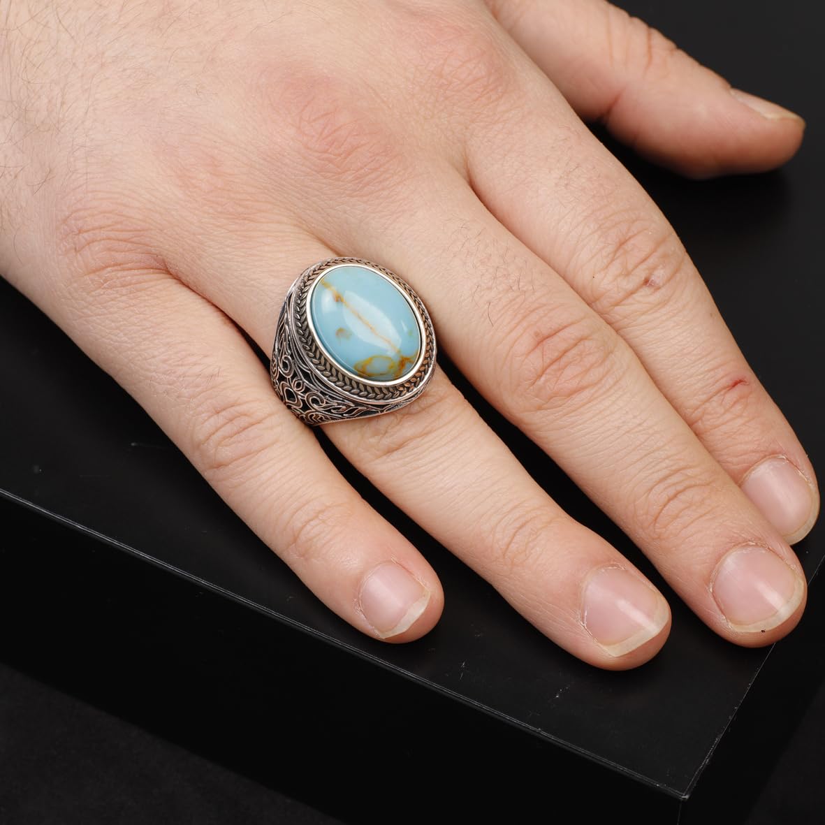 Handmade Genuine Turquoise Men's Ring - 925 Sterling Silver Gemstone Jewelry with Silver Polishing Cloth Gift