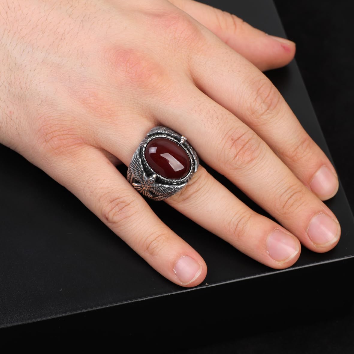 Handmade Carnelian Gemstone Eagle Large Ring for Men Vintage 925 Sterling Silver