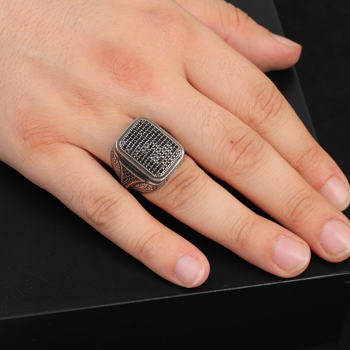 Polished Black Onyx and Micro Stone Men's Ring - Vintage 925 Sterling Silver Gemstone Statement Ring