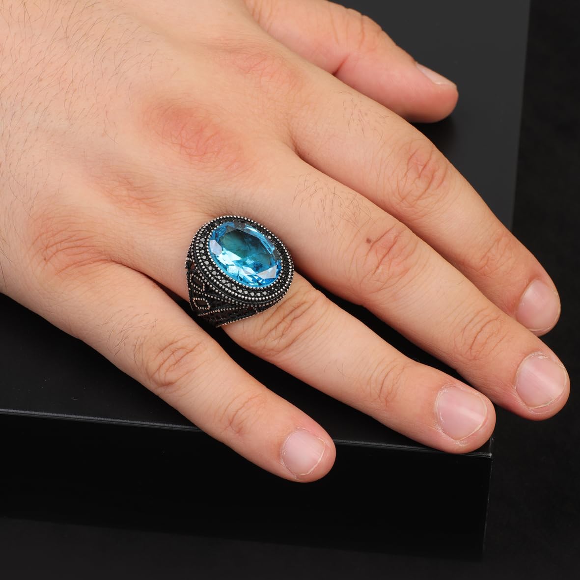Mens Aquamarine Gemstone Ring – Handmade Ottoman Sterling Silver Engagement Ring