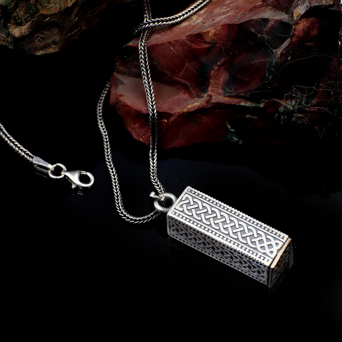 Sterling Silver Prayer Box Necklace – Polished Oil Pendant Necklace – Mens Chain & Pendant – Silver Necklace with Silver Chain