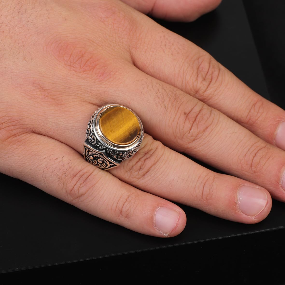 Handmade Tiger Eye Signet Ring - Vintage Pinky Ring in Sterling Silver for Men with Custom Engraving - Ottoman Style Gemstone Jewelry - Gift Silver Polishing Cloth Included