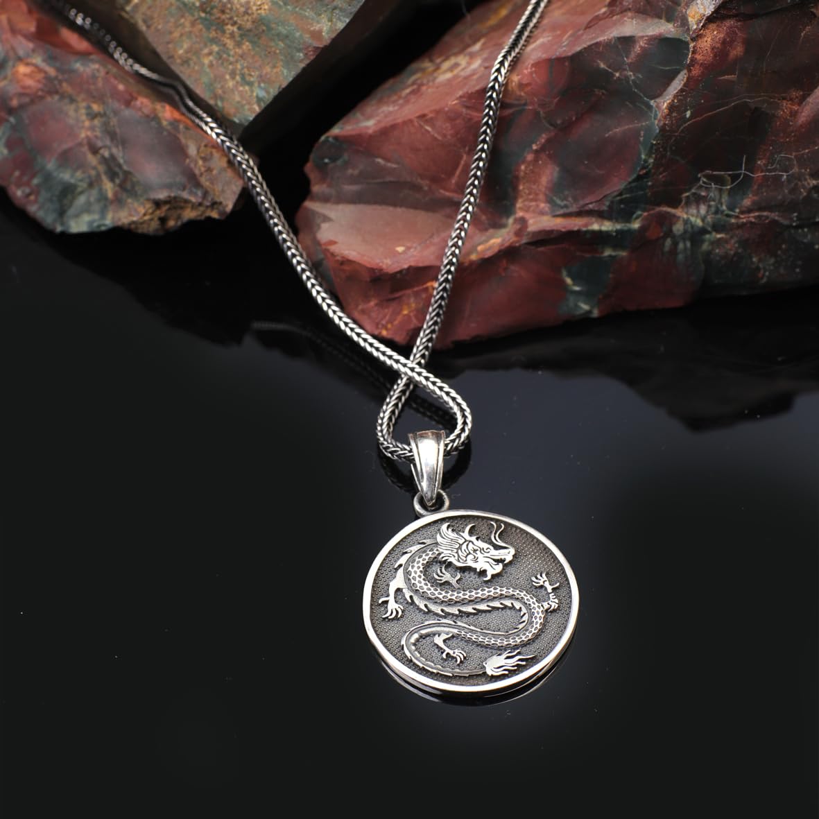 Handcrafted Sterling Silver Dragon Necklace – Mens Pendant with Silver Chain – Gothic and Biker Silver Necklace –Silver Cleaning Cloth Gift