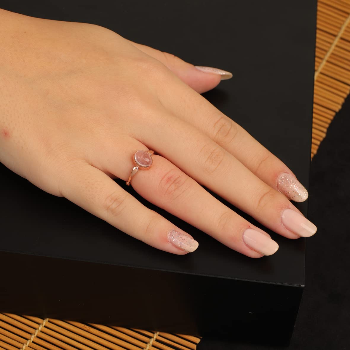 Jewellery Pit Adjustable Rose Quartz Statement Ring for Women - Handcrafted Stone Jewelry - Women's Middle Finger Adjustable Rose Quartz Ring
