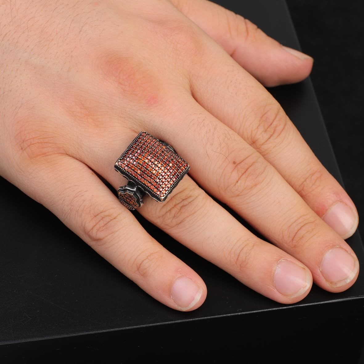 Vintage Garnet Ring with Micro Stones – Handmade 925 Sterling Silver Statement Ring for Men – Polished Gemstone Engagement Ring with Custom Engraving