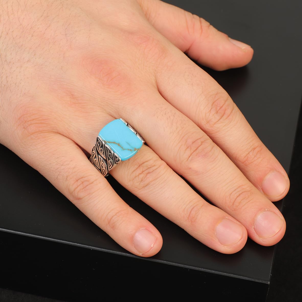Mens Turquoise Ring Ottoman Vintage Ring Sterling Silver Ring Pinky Ring Silver Signet Ring Gemstone Ring Ottoman Statement Ring Vintage Ring Gift for Him