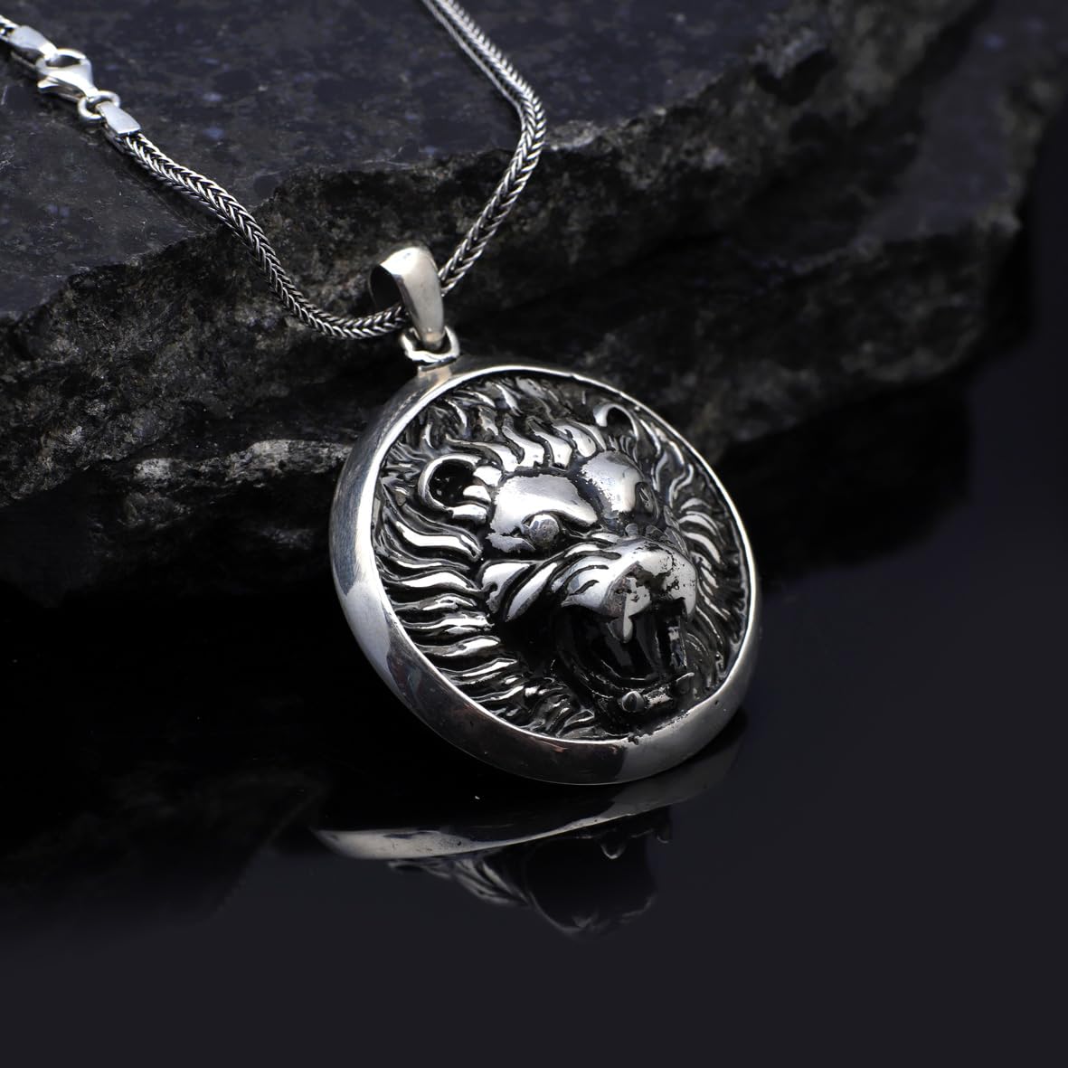 Sterling Silver Lion Necklace for Men - Lion Head Pendant Necklace for Men - Mens Silver Chain - Birthday Gifts