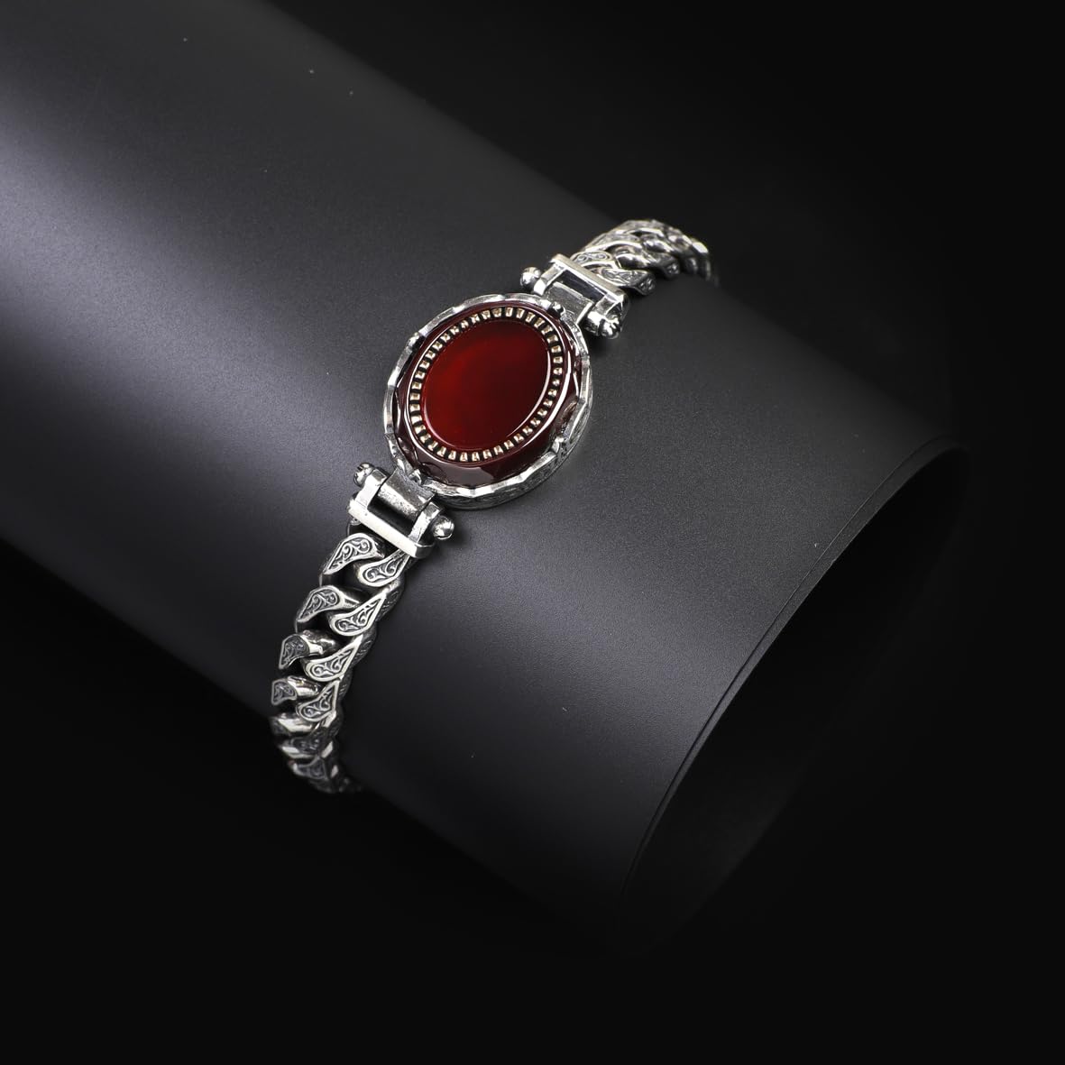 Made to Order Personalized Gothic Vintage Pattern 925 Sterling Silver Chain Bracelet for Men with Oval Carnelian Gemstone - Hand-Engraved Handmade Bracelet