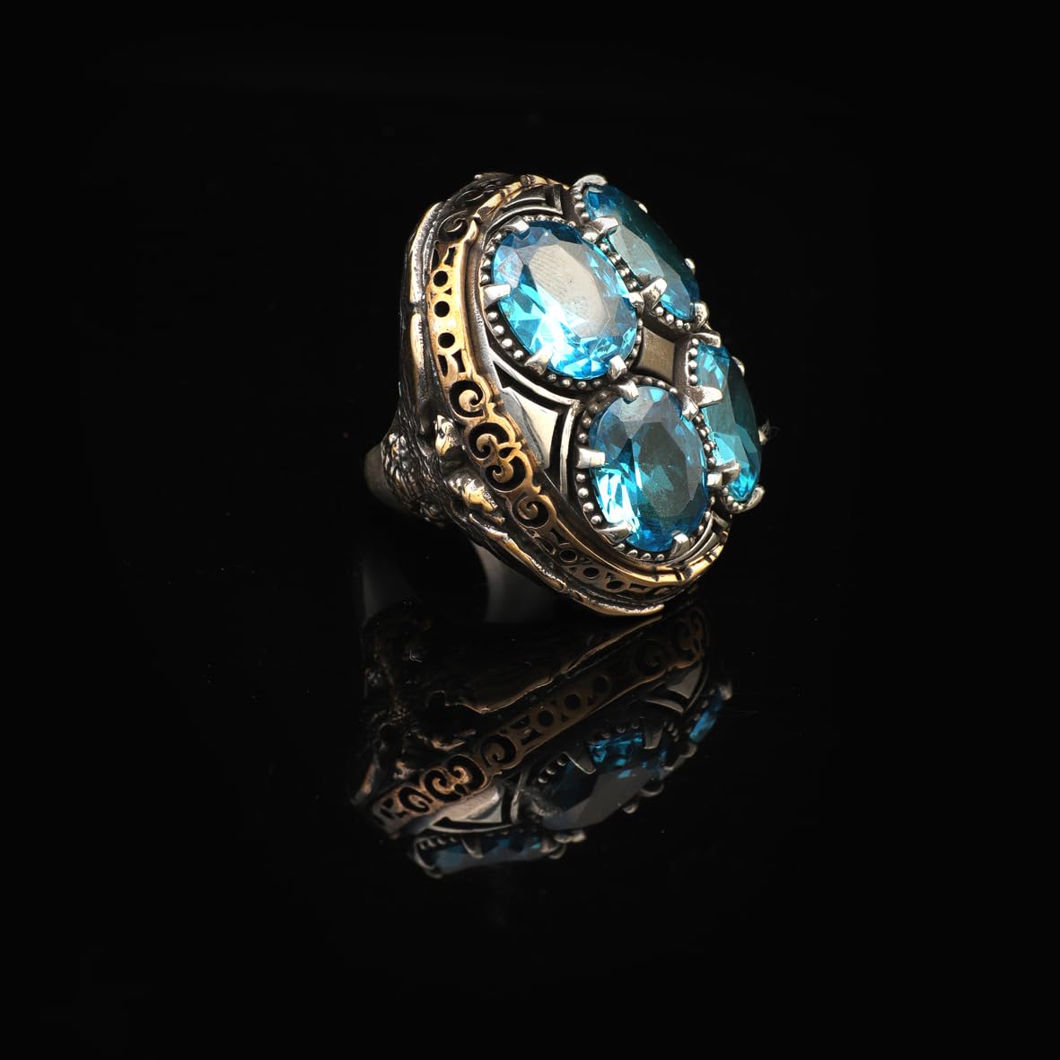 Handmade Aquamarine Dragon Ring Ottoman Style – Large Statement Vintage Gemstone Ring