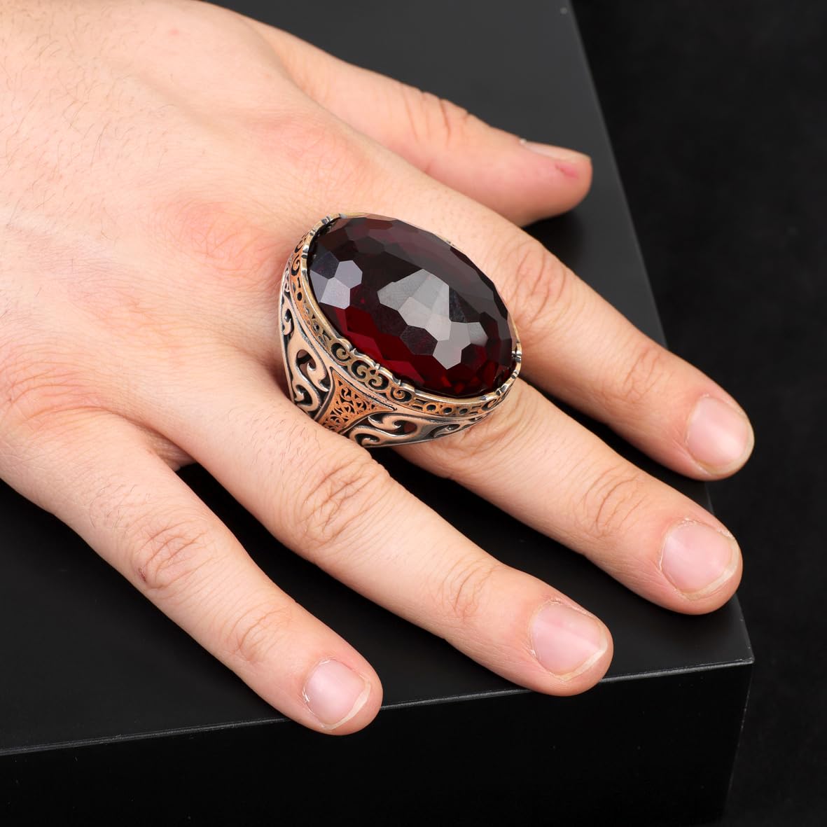 Garnet Ring Oval Stone - Handmade Vintage Ottoman Large Gemstone Ring Men - 925 Sterling Silver Men's Ring with Silver Polishing Cloth Gift