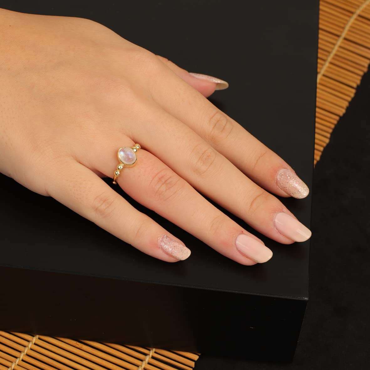 Jewellery Pit Adjustable Moonstone Ring for Women - Handmade Stone Statement Ring for Middle Finger - 925 Sterling Silver Solitaire Ring for Women