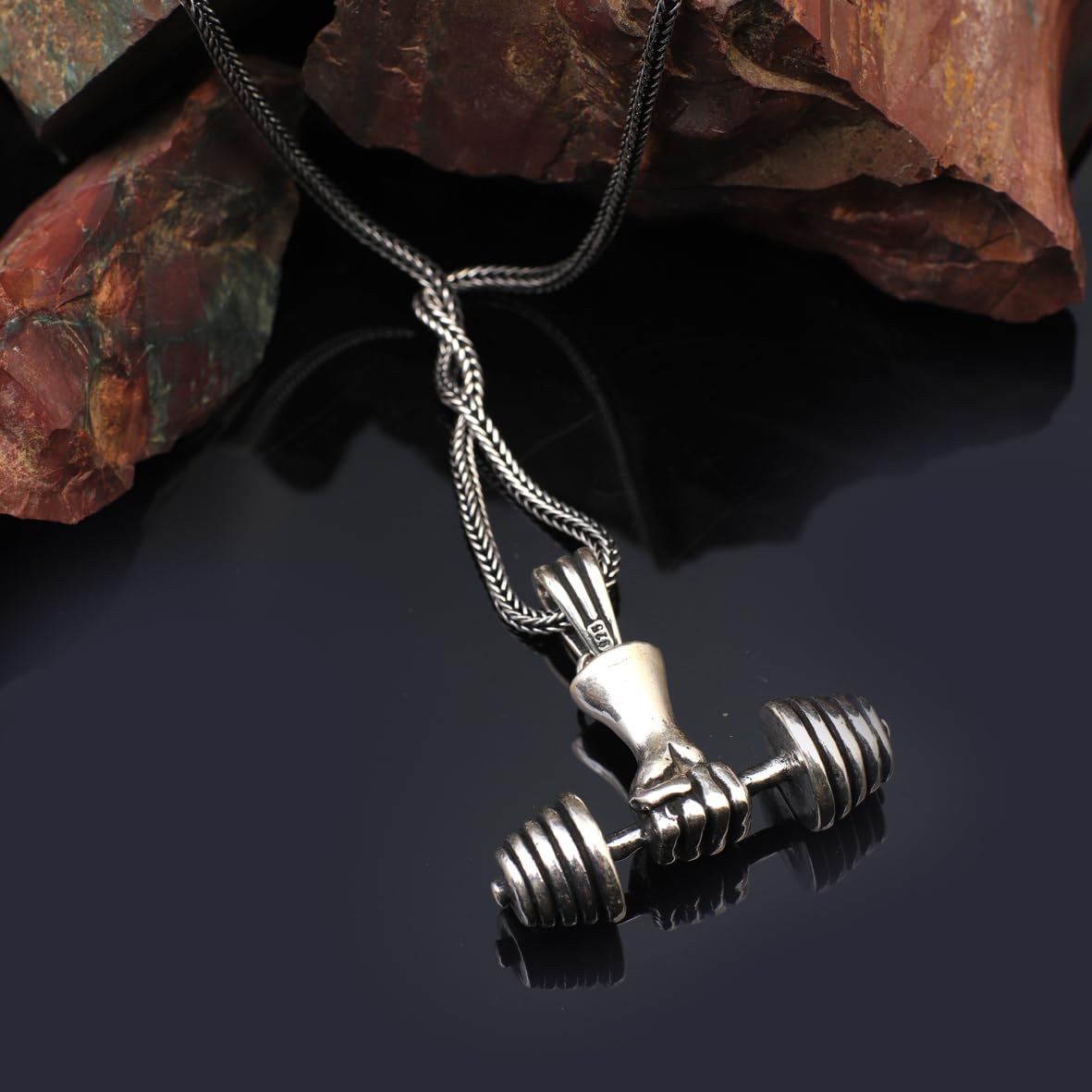 Sterling Silver Dumbbell Necklace – Polished Fitness Pendant for Men