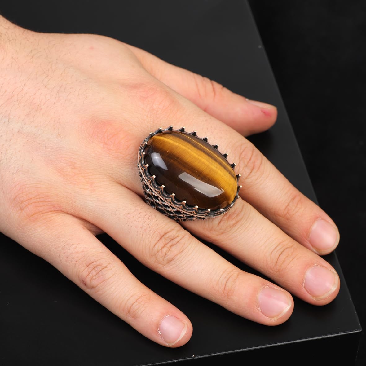Tiger Eye Ring for Men: Large Gemstone Ottoman Style Handmade 925 Sterling Silver Ring with Silver Polishing Cloth Gift
