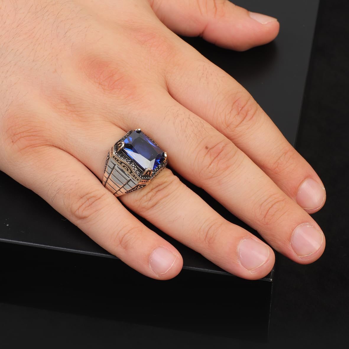 Sapphire Ring Watch Band Style – Vintage Gemstone Signet in 925 Sterling Silver for Men – Handmade Engagement Ring with Custom Engraving & Gift Silver Polishing Cloth