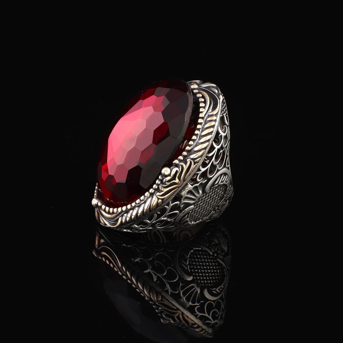 Vintage-Inspired Garnet Ring - Chunky Sterling Silver Ring for Men - Handmade Ottoman Gemstone Engagement Ring - Custom Engraving Included with Gift Silver Polishing Cloth