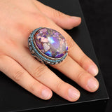 Handmade Special Turquoise and Micro Stone Ring – Large Oval Stone in Vintage Polished 925 Sterling Silver — image 2