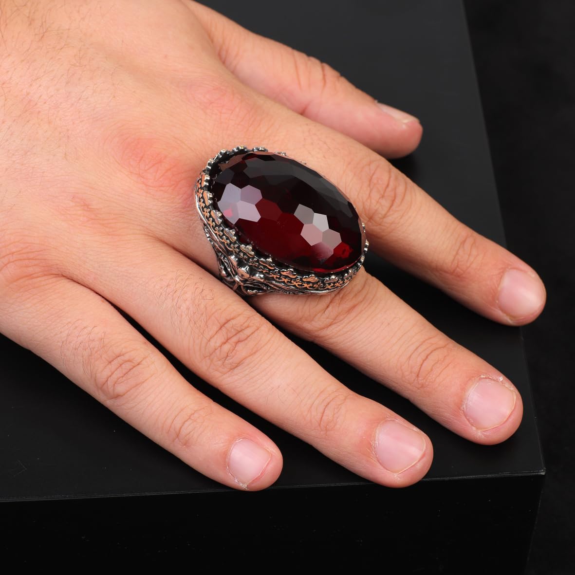 Garnet Gemstone Ring for Men – Chunky Sterling Silver Ottoman Style Vintage Ring