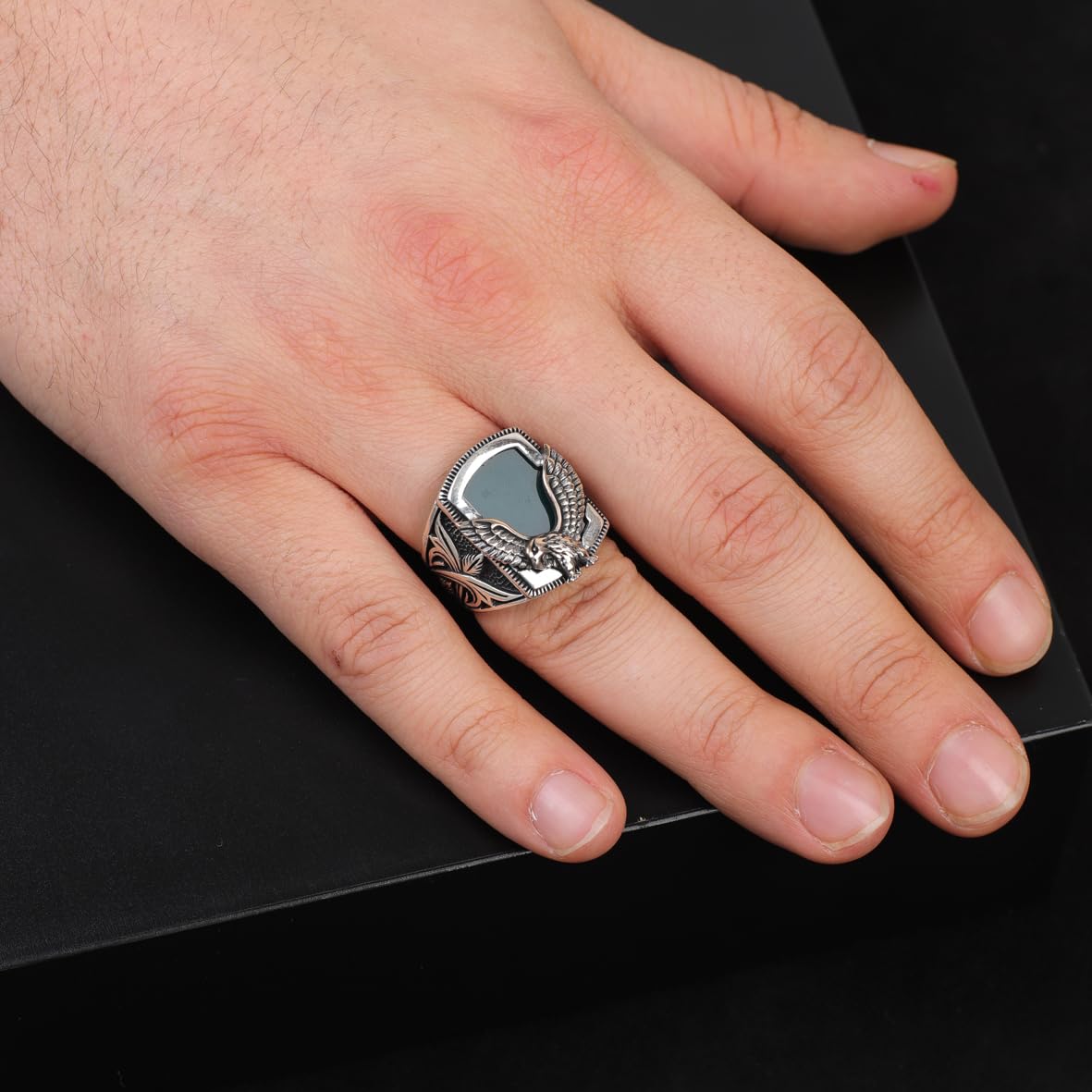 Handmade Jade Gemstone Eagle Ring for Men Vintage 925 Sterling Silver