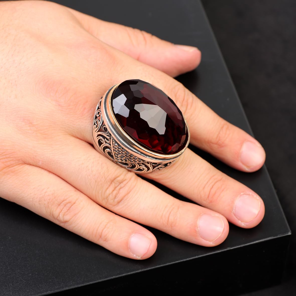 Men’s Chunky Sterling Silver Garnet and Micro Sapphire Ring – Handmade Ottoman Gemstone Ring with Vintage Design